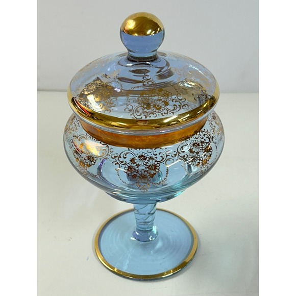 Vtg Blue Czech Bohemian Glass Gold Handpainted Floral Trim Apothecary Candy Dish - Picture 2 of 6